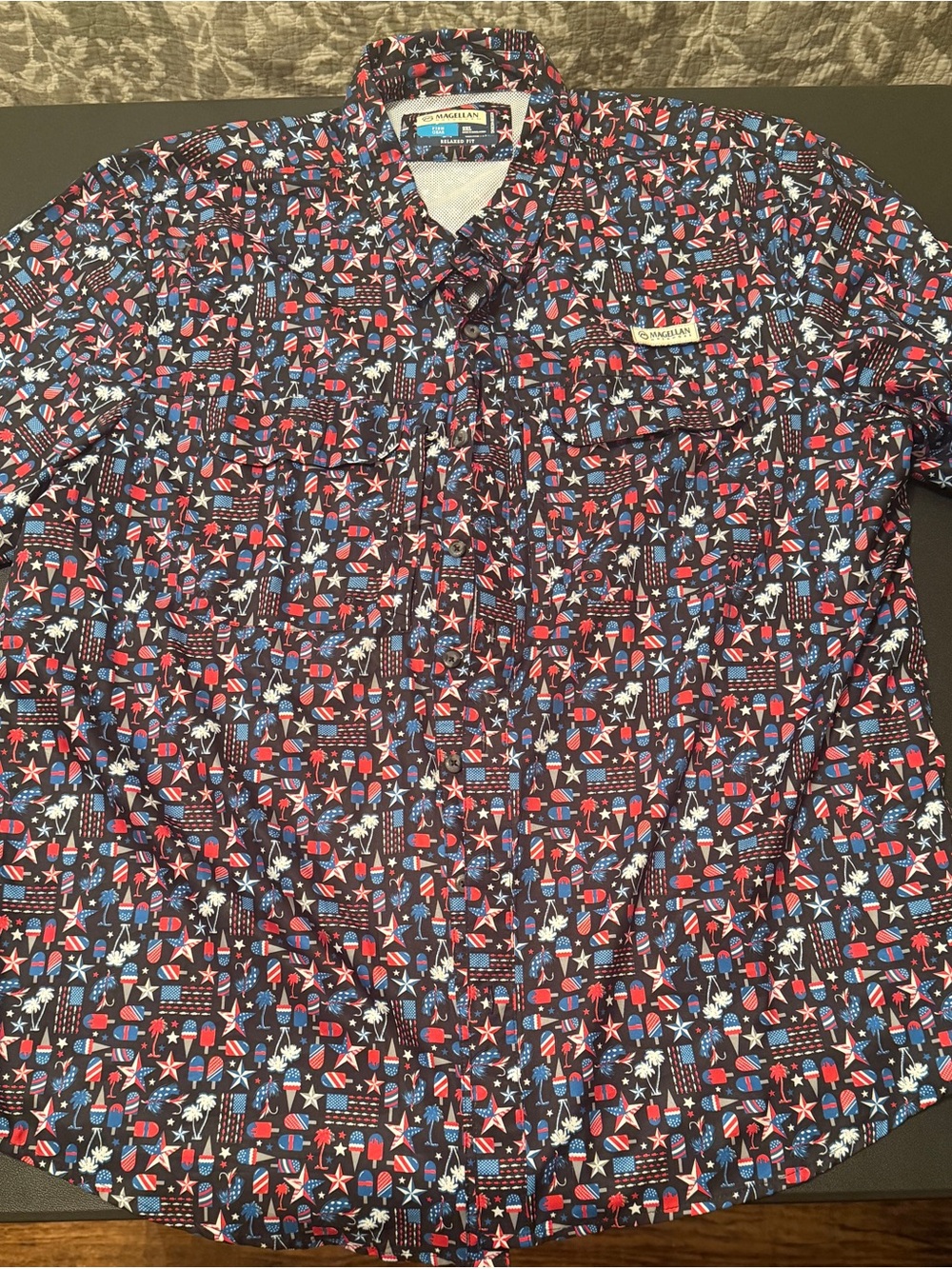 Magellan Outdoors Patriotic Fish Gear 100% Polyester shirt! Men’s Size 2XL, NEW!